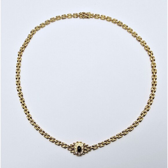 Unique 18K Yellow Gold Designer Cabochon Sapphire & Diamond Link Chain Necklace - Picture 3 of 16